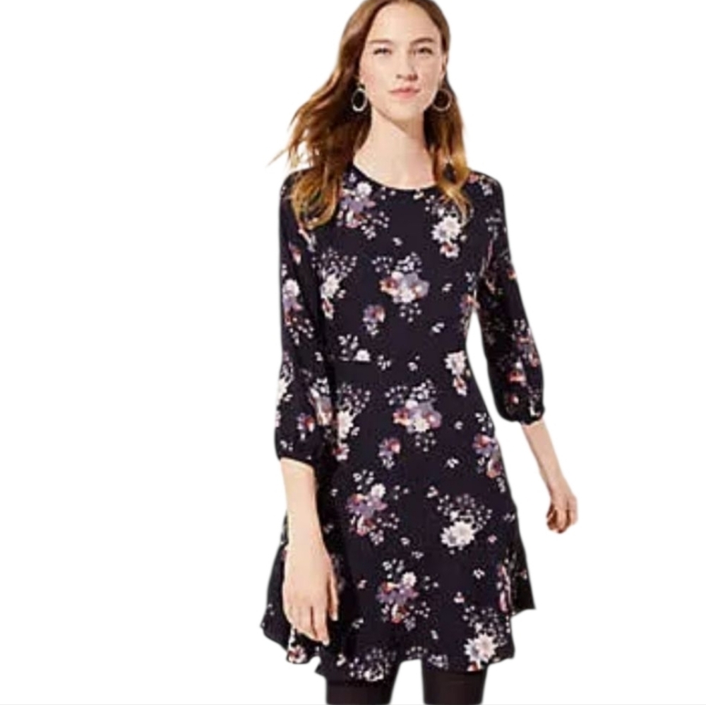LOFT Black Floral Long-Sleeve Fit & Flare Dress